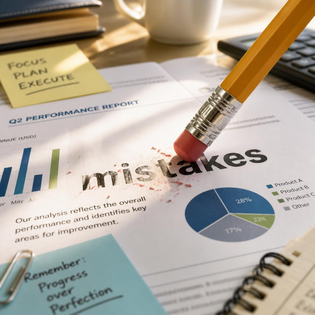 Pencil erasing the word mistakes on a business report.